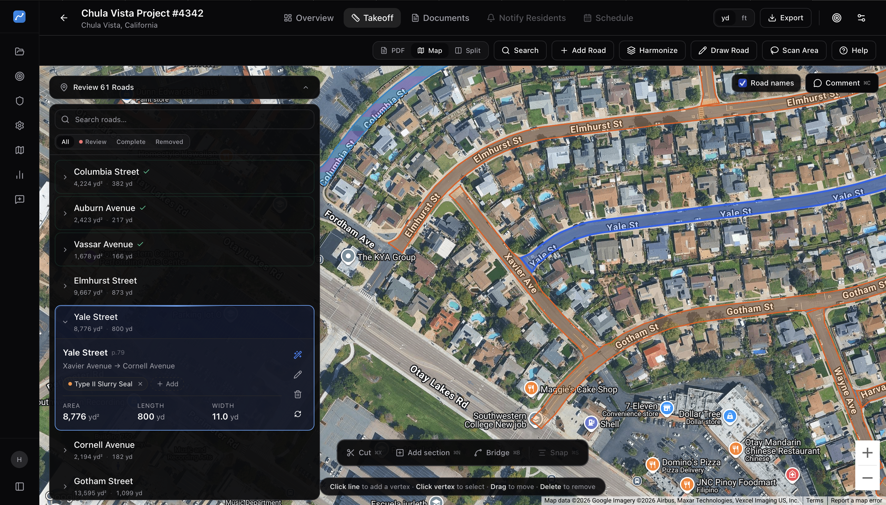 BlueRoad takeoff — road quantities measured on live aerial imagery